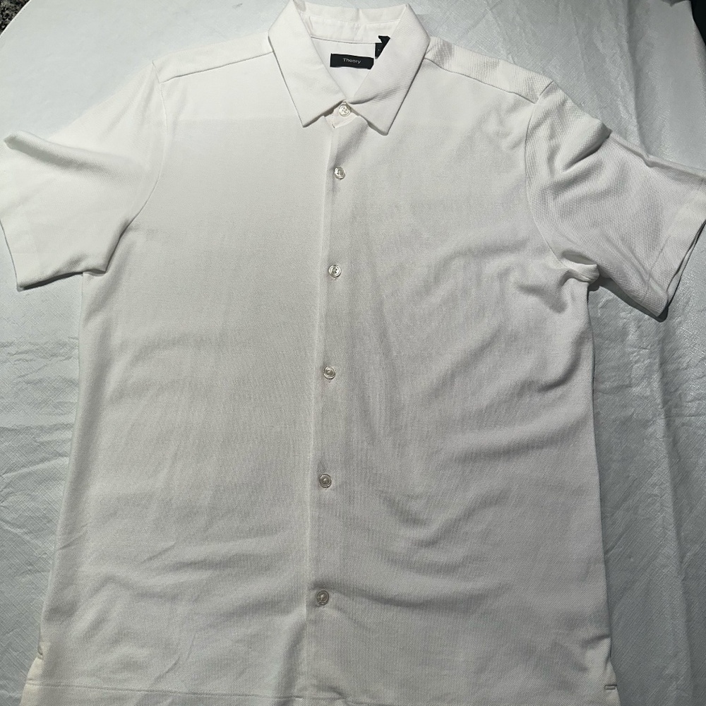 Men's Theory White Cotton Short Sleeve Button Up  Shirt ~ Medium
